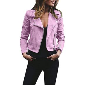 Womens Lapel Faux Suede Diagonal Zip Jackets Long Sleeve Solid Cropped Coat Casual Slim Short Outerwear