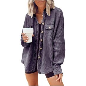 Women's Oversized Corduroy Button Down Shirts Long Sleeve Shacket Jacket Knit Casual Outerwear with Pockets