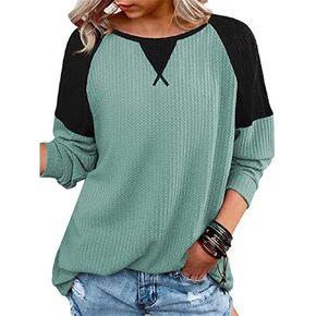 Womens Color Block Patchwork Waffle Knit Shirts Long Sleeve Crewneck Pullover Tops Casual Loose Blouse