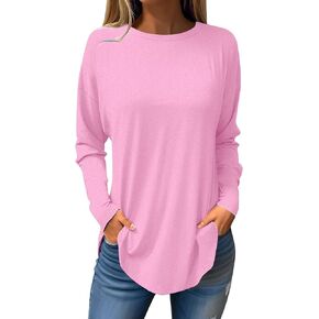 Fall Outfits for Women Round Neck Long Sleeve T Shirt Solid Lightweight Pullover Tops Comfy Dressy Outfits