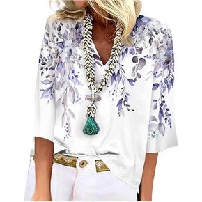 3/4 قميص الأكمام Ladies Blouse V-Neck Tunic Dary 2024 Tee Print Fashion Tshirt قمم الصيف التنفس