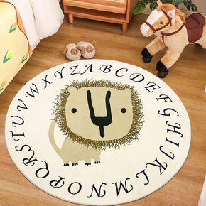 USTIDE Lion Kids Rug 4Ft, Super Soft Round Play Mat Lion Rug Alphabet Learning Carpet Large Cartoon Area Rug for Nursery Bedroom Playroom
