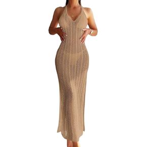 Women Swimsuit Cover Up Beach Hollow Out Neck Tie Waist Cover Up Dress