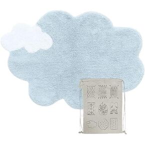 Lorena Canals Washable Rug Mini Dream in White/Light Blue, Cloud Shape, Cartoon, Kids' Room, Nursery. Handmade in Cotton and Non-Toxic Dyes - Size: 2'4" x 3'5"