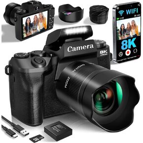 Digital Cameras for Photography, 8K 64MP Vlogging Camera for YouTube with 4" Touch Screen, Dual Front/Rear Cameras with LED Fill Light, 3000mAh Battery, Lens Hood, Hot Shoe & 32GB TF Card