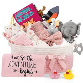 Zopeal 22 Pcs Deluxe New Baby Gift Basket, Baby Shower Gifts Essentials Stuff for Girls Newborn Baby Girls Gift Set for Expecting Moms Gifts Diaper Caddy Organizer