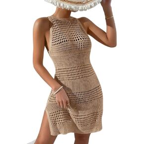 Women Swimsuit Cover Up Round Neck Hollow Out Loose Cover-Up Dress With Side Slits