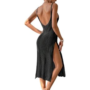 Women Swimsuit Cover Up Summer Beach Hollow Out Knit Backless High Slit Cover Up