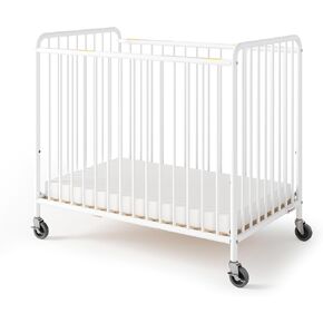 Foundations Chelsea Slatted Metal Compact Daycare Crib, 3" Casters, Compact Mini Size, Easy to Clean Durable Finish, Adjustable to Two Heights Mattress Board (White)