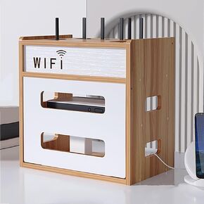 WiFi Router Storage Box, Wooden Router Shelf, Desktop WiFi Router Storage Box Modem Rack, Power Router Fences Standing Shelf Units, Router Cover Decorative Box for Office and Home(White Maple Color)