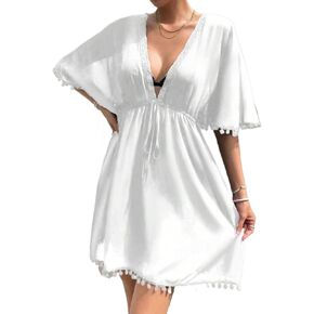 Women Swimsuit Cover Up Deep V-Neck Sleeve Cover Up Dress Summer