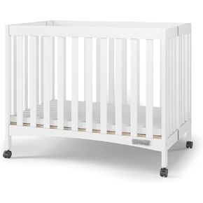 Child Craft London Mini Compact Folding Portable Crib with 2" Crib Mattress and 2 Easy Roll Locking Wheels, Durable Pine Wood Construction (Matte White)
