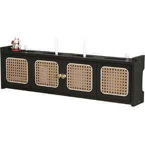 Wooden Router Shelf Wall Mount WiFi Router Storage Box Solid Wood Rattan Woven Door Power Cable Management and Organizing Rack Box for Office and Home(Black,60cm/24in)