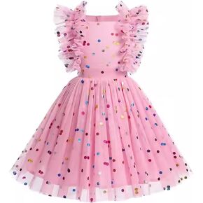 Agqt Girls Birthdy Party Dress Polka Dots Sequin Star-Light Princess Tulle Wedding Pageant Bessing Evening 3-10 Years in Kuwait