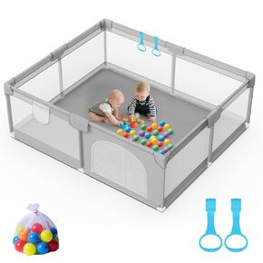 79" x 71" Playpen for Babies and Toddlers - Safe Baby Fence with 50 PCS Ocean Balls and 2 Pull Handles for Indoor - Large Baby Playpen for Activity Center - Play Yard with Non-Slip Suction Cups
