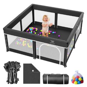 Foldable Baby Playpen with Mat - 50"X50" Play Yard for Babies and Toddlers - Portable Playpen with Storage Bag & 50 Ocean Ball - Baby Fence Play Area Safety with Visible Mesh & Zipper Door,Black