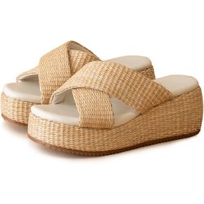 Platform Sandals for Women Raffia Espadrille Slip On Slides Casual Woven Comfortable Open Toe Sandals Cute Summer Beach Sandals