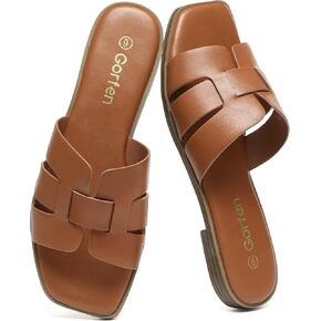 Women's Flat Sandals Dressy Comfortable Square Open Toe Slip On Leather Slide Sandals