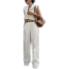 Dawery Vest Pant Sets Women White V-neck Sleeveless Button Short Top Wide Leg Pants Summer Office Lady Set