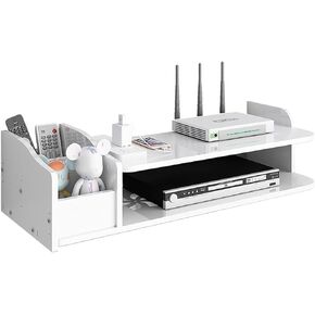 Wall-Mounted 2-Tier Router Shelf with Storage Box, Floating WiFi Stand Holder, TV Set-Top Box Rack, Cable Organizer