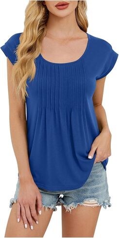 Womens Cotton Tops Pleated Scoop Neck Short Cap Sleeve Dreesy Casual T-Shirts Summer Fashion Blouses Solid Color Tee in Kuwait