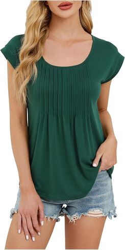 Womens Cotton Tops Pleated Scoop Neck Short Cap Sleeve Dreesy Casual T-Shirts Summer Fashion Blouses Solid Color Tee in Kuwait