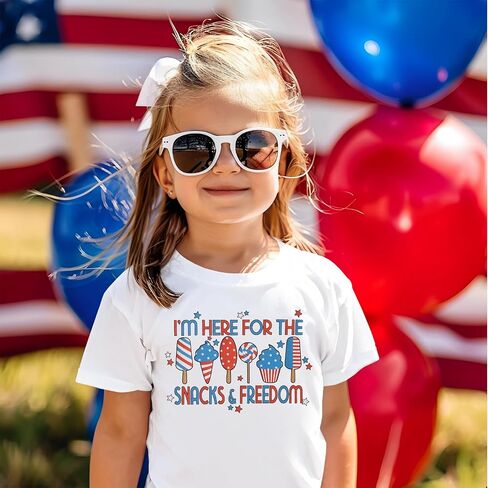 Toddler 4th of July Shirt Boys Girls Patriotic T-Shirts I'm Here for Snacks and Freedom USA Flag Graphic Tee Tops in Kuwait