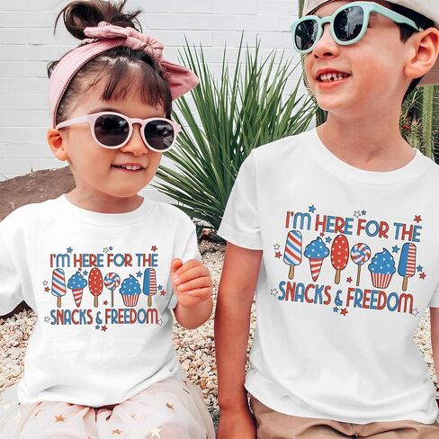 Toddler 4th of July Shirt Boys Girls Patriotic T-Shirts I'm Here for Snacks and Freedom USA Flag Graphic Tee Tops in Kuwait