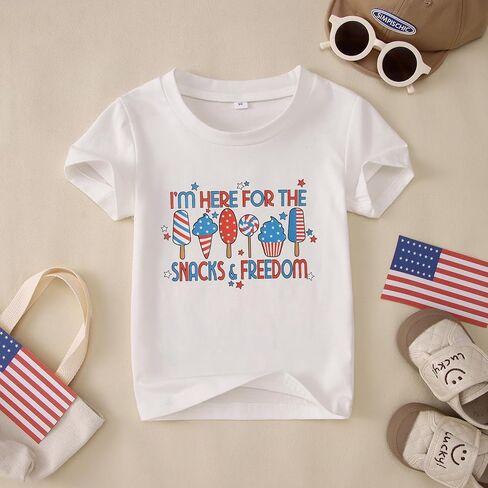 Toddler 4th of July Shirt Boys Girls Patriotic T-Shirts I'm Here for Snacks and Freedom USA Flag Graphic Tee Tops in Kuwait