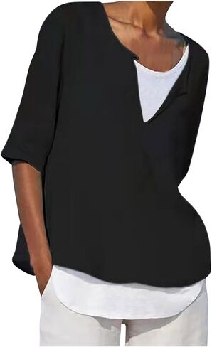 Womens Linen Shirts Short Sleeve Oversized Casual Loose Fit Tops Side Slit V Neck Tshirts Summer Cotton Tees Blouse in Saudi Arabia