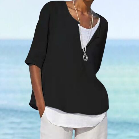 Womens Linen Shirts Short Sleeve Oversized Casual Loose Fit Tops Side Slit V Neck Tshirts Summer Cotton Tees Blouse in Saudi Arabia