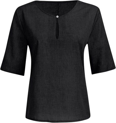 Womens Linen Shirts Short Sleeve Oversized Casual Loose Fit Tops Side Slit V Neck Tshirts Summer Cotton Tees Blouse in Saudi Arabia