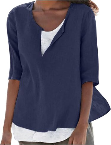 Womens Linen Shirts Short Sleeve Oversized Casual Loose Fit Tops Side Slit V Neck Tshirts Summer Cotton Tees Blouse in Saudi Arabia