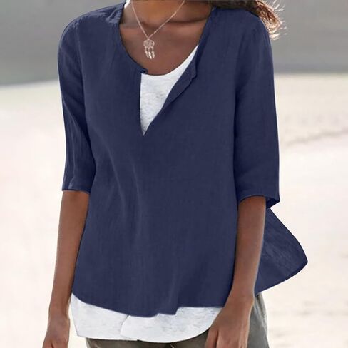 Womens Linen Shirts Short Sleeve Oversized Casual Loose Fit Tops Side Slit V Neck Tshirts Summer Cotton Tees Blouse in Saudi Arabia