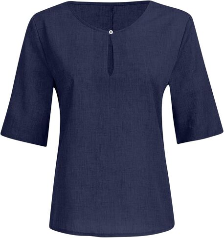 Womens Linen Shirts Short Sleeve Oversized Casual Loose Fit Tops Side Slit V Neck Tshirts Summer Cotton Tees Blouse in Saudi Arabia