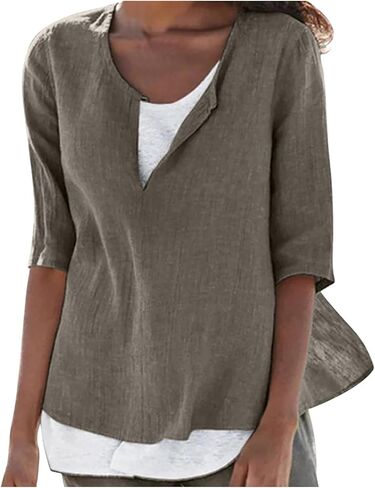 Womens Linen Shirts Short Sleeve Oversized Casual Loose Fit Tops Side Slit V Neck Tshirts Summer Cotton Tees Blouse in Saudi Arabia