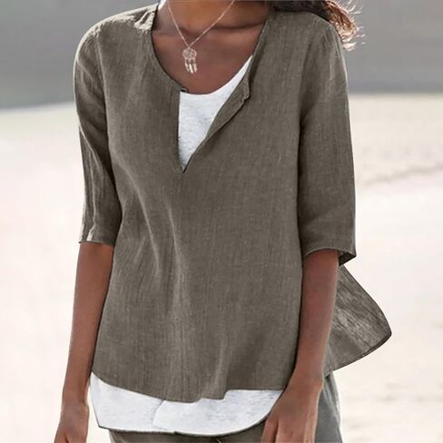 Womens Linen Shirts Short Sleeve Oversized Casual Loose Fit Tops Side Slit V Neck Tshirts Summer Cotton Tees Blouse in Saudi Arabia