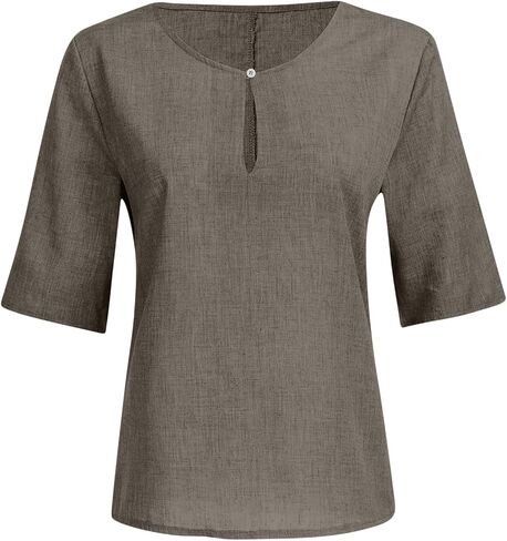 Womens Linen Shirts Short Sleeve Oversized Casual Loose Fit Tops Side Slit V Neck Tshirts Summer Cotton Tees Blouse in Saudi Arabia