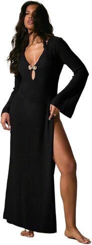 swimsuit coverup for women Knit Plunge Neckline Shell Long Sleeve Dress Beach Cover Up in Saudi Arabia