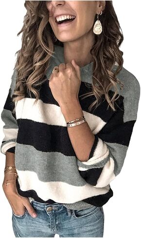 Women's 2023 Fall Stripe Contrast Pullover Sweaters Color Block Long Sleeve Crew Neck Tops Ribbed Casual Loose Blouses in Saudi Arabia