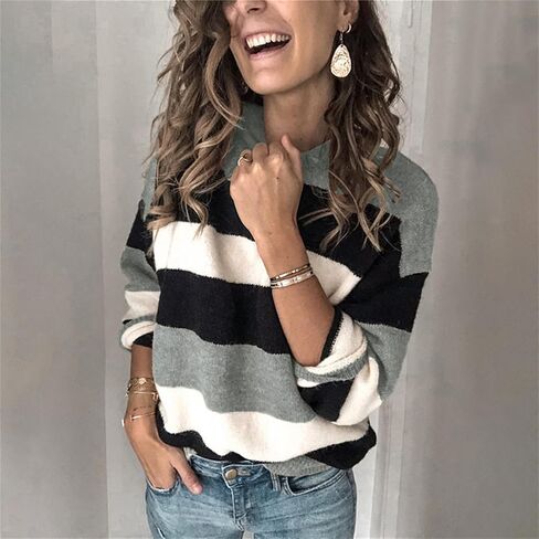 Women's 2023 Fall Stripe Contrast Pullover Sweaters Color Block Long Sleeve Crew Neck Tops Ribbed Casual Loose Blouses in Saudi Arabia