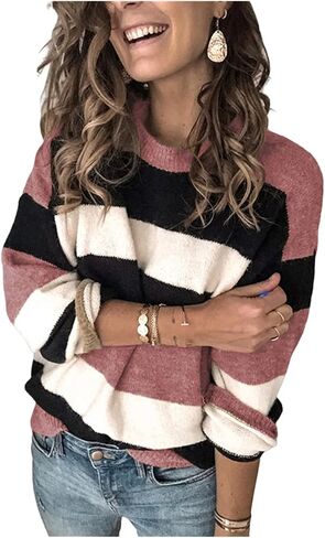 Women's 2023 Fall Stripe Contrast Pullover Sweaters Color Block Long Sleeve Crew Neck Tops Ribbed Casual Loose Blouses in Saudi Arabia