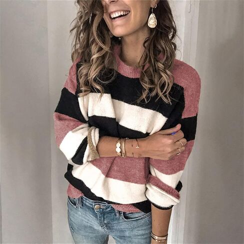 Women's 2023 Fall Stripe Contrast Pullover Sweaters Color Block Long Sleeve Crew Neck Tops Ribbed Casual Loose Blouses in Saudi Arabia