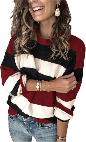 Women's 2023 Fall Stripe Contrast Pullover Sweaters Color Block Long Sleeve Crew Neck Tops Ribbed Casual Loose Blouses in Saudi Arabia