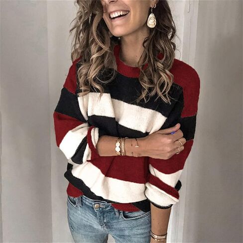 Women's 2023 Fall Stripe Contrast Pullover Sweaters Color Block Long Sleeve Crew Neck Tops Ribbed Casual Loose Blouses in Saudi Arabia