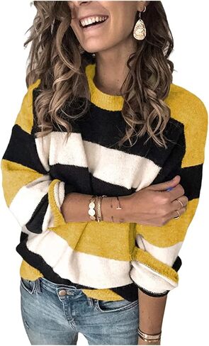 Women's 2023 Fall Stripe Contrast Pullover Sweaters Color Block Long Sleeve Crew Neck Tops Ribbed Casual Loose Blouses in Saudi Arabia