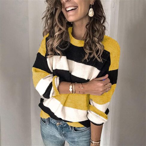 Women's 2023 Fall Stripe Contrast Pullover Sweaters Color Block Long Sleeve Crew Neck Tops Ribbed Casual Loose Blouses in Saudi Arabia
