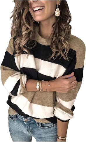 Women's 2023 Fall Stripe Contrast Pullover Sweaters Color Block Long Sleeve Crew Neck Tops Ribbed Casual Loose Blouses in Saudi Arabia