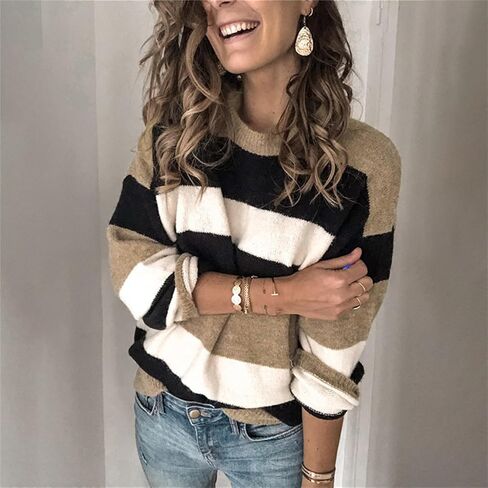 Women's 2023 Fall Stripe Contrast Pullover Sweaters Color Block Long Sleeve Crew Neck Tops Ribbed Casual Loose Blouses in Saudi Arabia