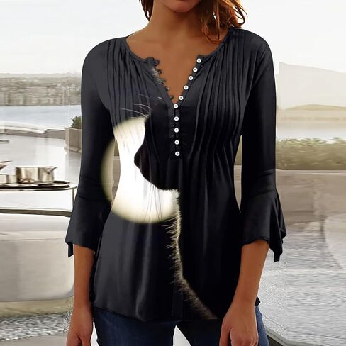 3/4 بلوزة بلوزة 2024 فولت تونك تونك تي شيرت زر أعلى يوميا Tshirt tshirt قمم طباعة الأزهار in Kuwait